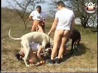 Insanely hot outdoor bestiality action with two dogs