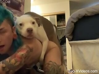 Inked woman cam fucked by her dog in homemade zoophilia